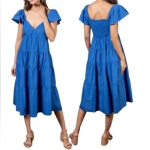 LUCY PARIS MIDI Dress Smocked Back Puff Sleeve Tiered Cobalt Size Medium